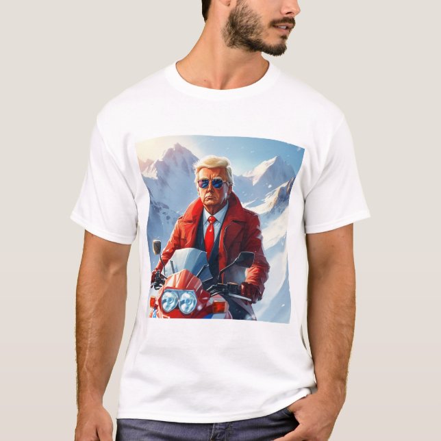 Trump Riding Motorcycle in Winter Christmas MAGA T-Shirt (Front)