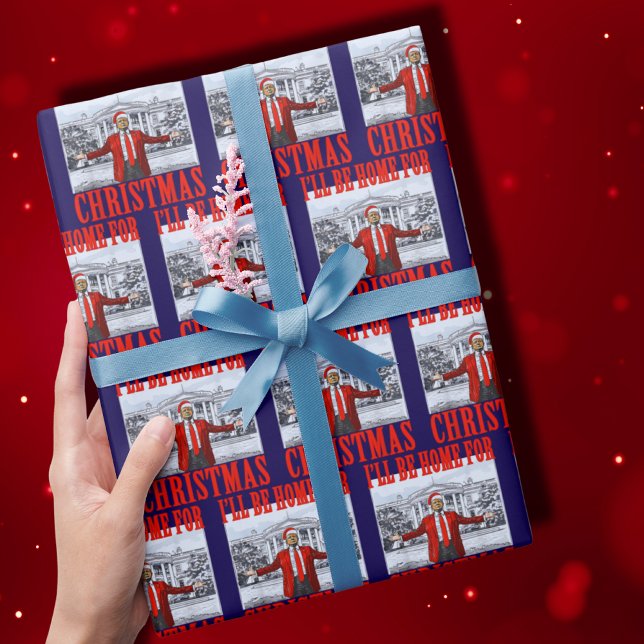 Trump Santa Hat | I'll Be Home For Christmas Blue Wrapping Paper (Creator Uploaded)