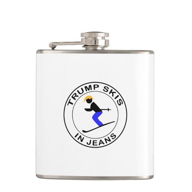 Trump Skis In Jeans Hip Flask (Front)
