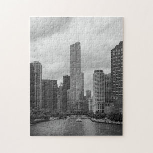 Trump Tower Chicago River Grayscale Jigsaw Puzzle