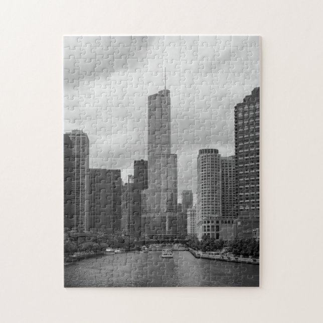 Trump Tower Chicago River Grayscale Jigsaw Puzzle (Vertical)
