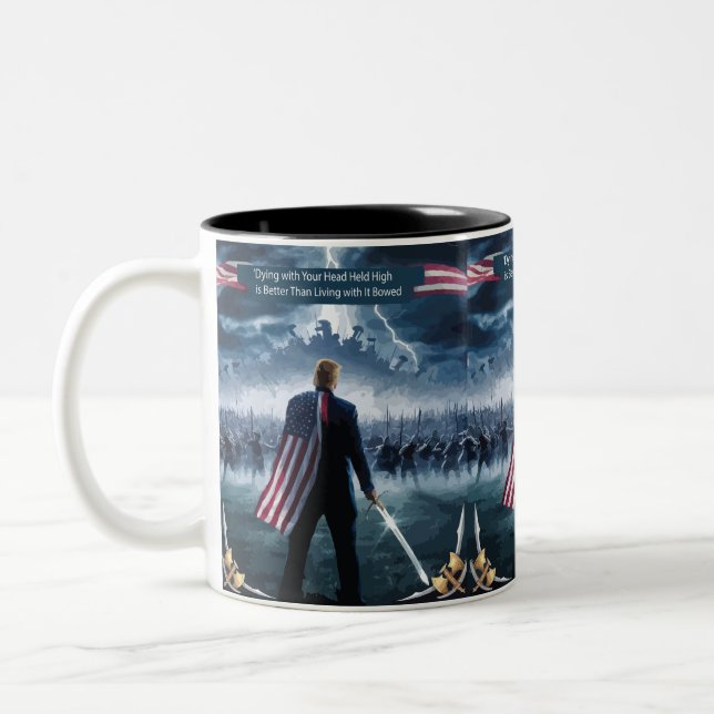 Trump with the American flag on his shoulders Two-Tone Coffee Mug (Left)