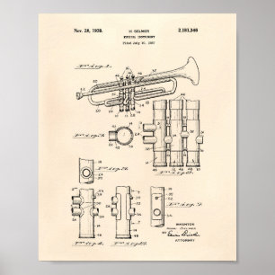 Trumpet 1939 Patent Art Old Peper Poster