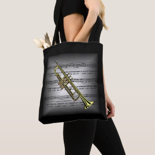 Trumpet ~ 3-D Sheet Music ~ Pillow Grey/Black ~ Tote Bag