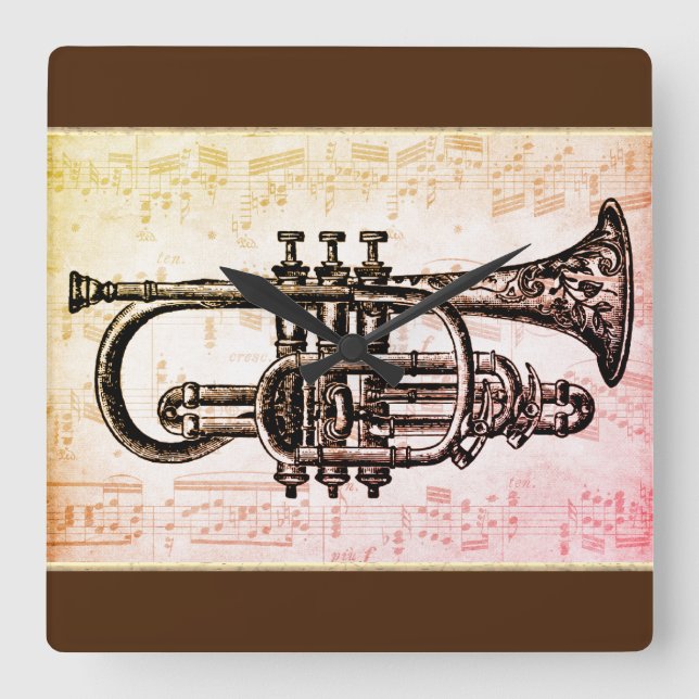 Trumpet And Music Notes Square Wall Clock (Front)