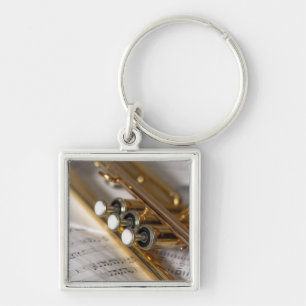 Trumpet and Sheet Music Brass Instrument Key Ring