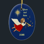 Trumpet Angel Ceramic Tree Decoration<br><div class="desc">Night sky with stars shining in background. Angel with golden trumpet and music notes. Customise text and date areas.</div>