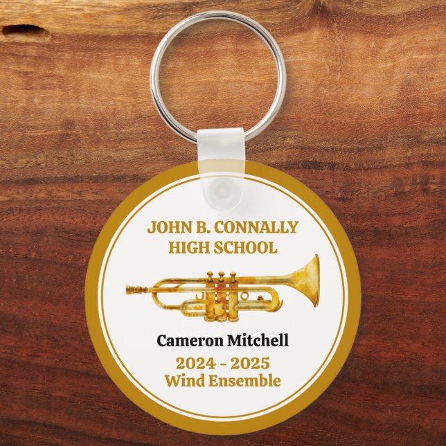 Trumpet High School Band Custom Gold Christmas Key Ring (Front)