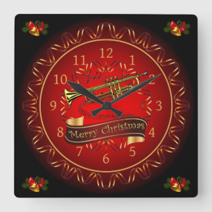 Trumpet ~ Merry Christmas ~ Maroon & Black ~ Square Wall Clock