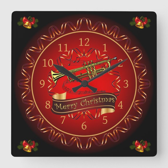 Trumpet ~ Merry Christmas ~ Maroon & Black ~  Square Wall Clock (Front)