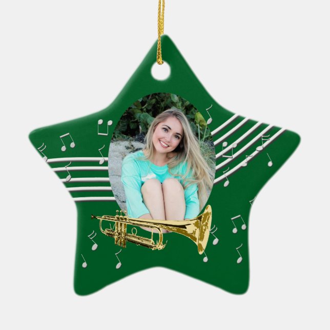 Trumpet Music Green Star Ceramic Ornament (Front)