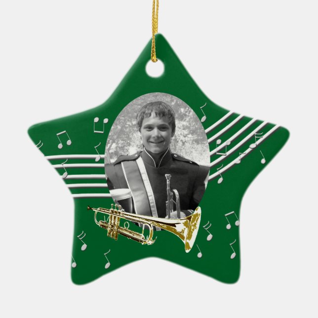 Trumpet Music Green Star Ceramic Ornament (Front)