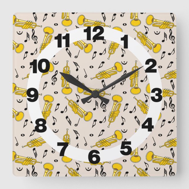 Trumpet Music Notes Pattern Square Wall Clock (Front)