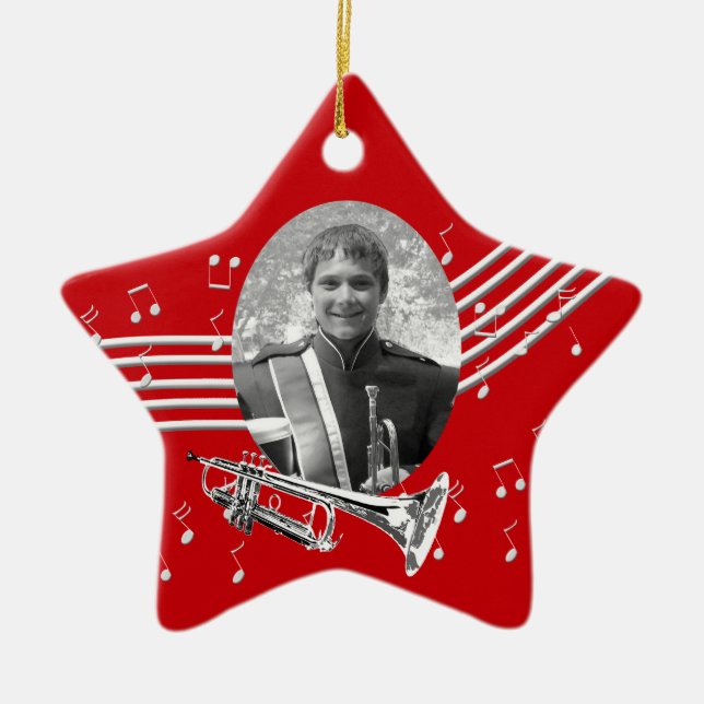 Trumpet Music Red Star Ceramic Tree Decoration (Front)