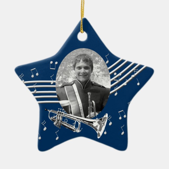 Trumpet Music Star Blue Ceramic Tree Decoration (Front)