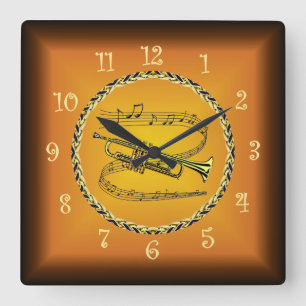 Trumpet On Musical Scroll Russet Orange Timepiece  Square Wall Clock