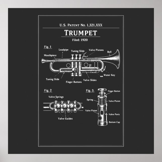 Trumpet Patent Blueprint Poster (Front)