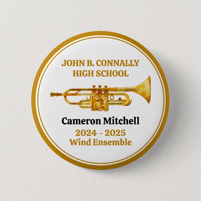Trumpet Player High School Band Gold Personalised 6 Cm Round Badge (Front)