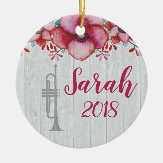 Trumpet Player Music Gift Floral Personalised Ceramic Tree Decoration (Front)