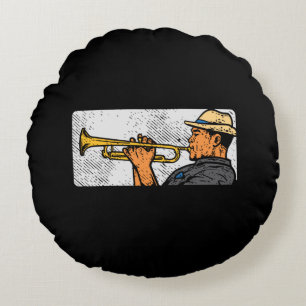 Trumpet Player Retro Trumpet Jazz Music Round Cushion