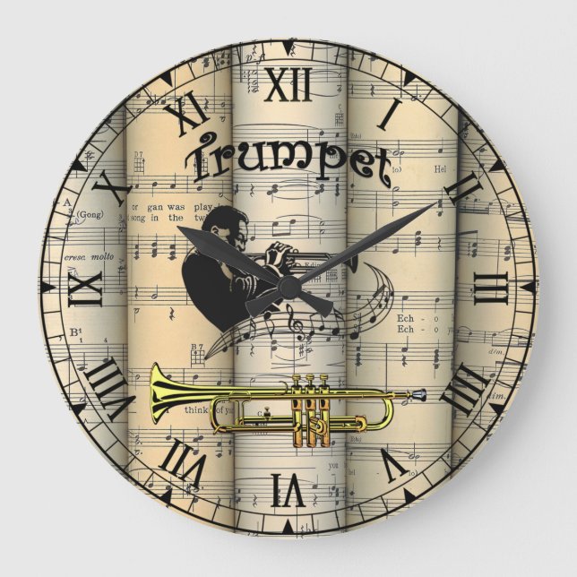 Trumpet ~ Rolled Vintage Sheet Music ~ Unique ~ Large Clock (Front)