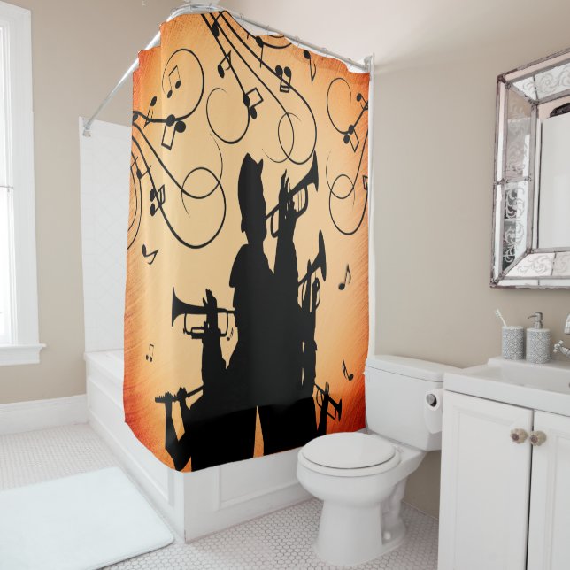 Trumpet Section Jazz Music Orange Rust Shower Curtain (In Situ)