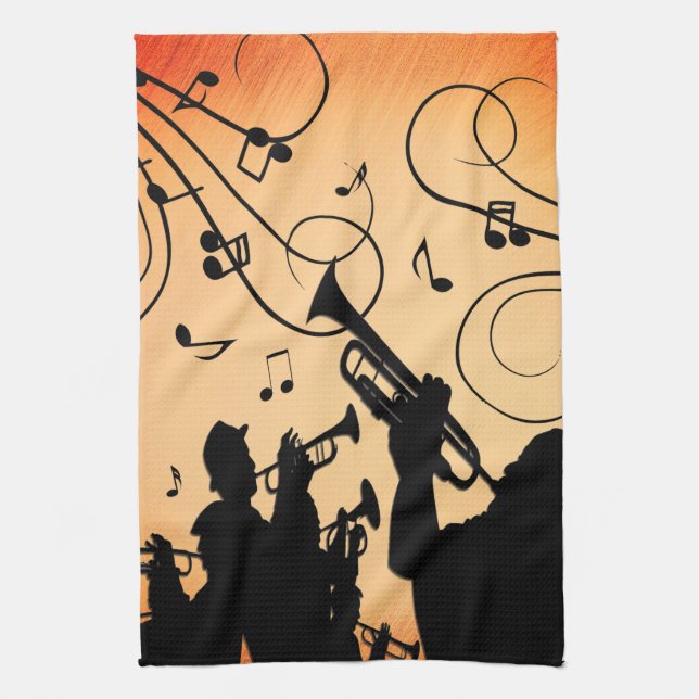 Trumpet Section Jazz Music Orange Rust Tea Towel (Vertical)