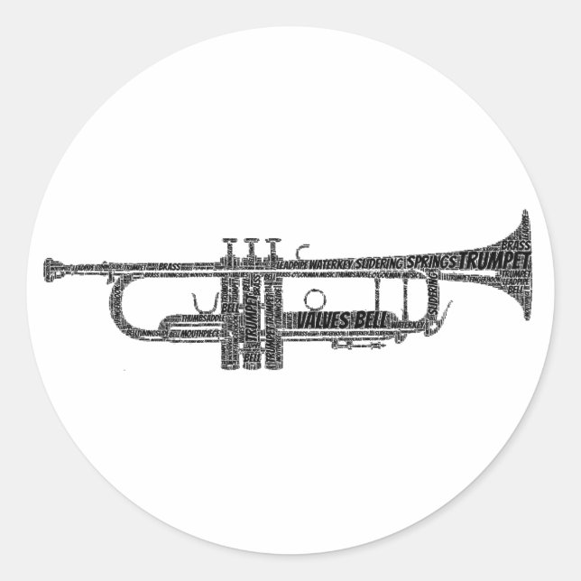 Trumpet Shaped Word Art Black Text Classic Round Sticker (Front)