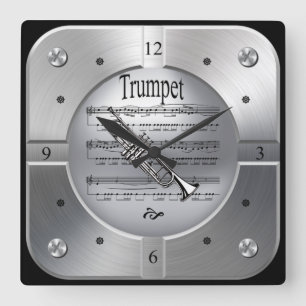 Trumpet ~ Sheet Music ~ Brushed Silver Color ~ Square Wall Clock