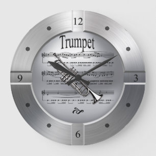 Trumpet ~ Sheet Music ~ Brushed Silver Colour ~ Large Clock