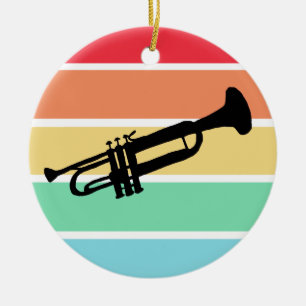 Trumpet Silhouette on Retro Rainbow Stripe Ceramic Tree Decoration