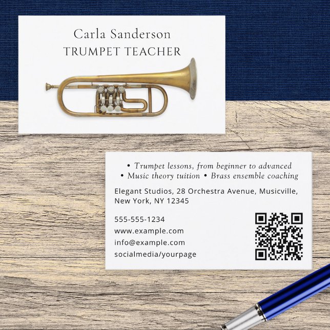 Trumpet Teacher Brass Instrument Music Instructor Business Card (An elegant business card template for a trumpet teacher, with customizable QR code)