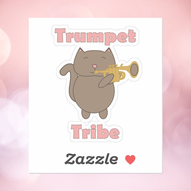 Trumpet Tribe Cat Music (A sticker with a cute brown cat playing the trumpet and the words trumpet tribe in pink.)