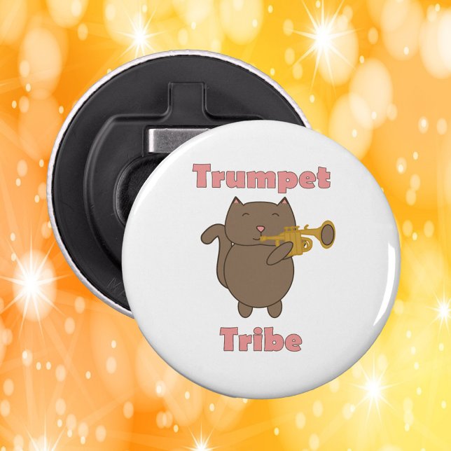 Trumpet Tribe Cat Pink Letters Bottle Opener (A bottle opener featuring a brown cat playing the trumpet with the words trumpet tribe in pink.)