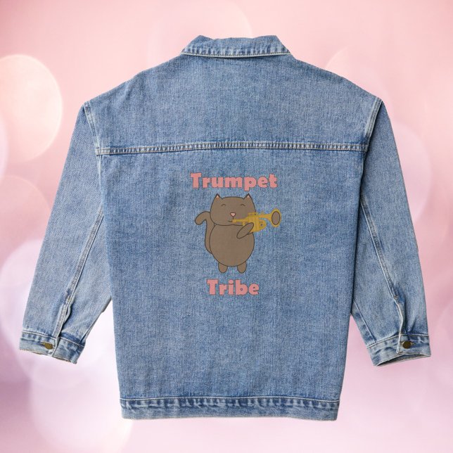 Trumpet Tribe Cat Pink Letters Denim Jacket (A jean jacket featuring a brown cat playing the trumpet and the text trumpet tribe.)