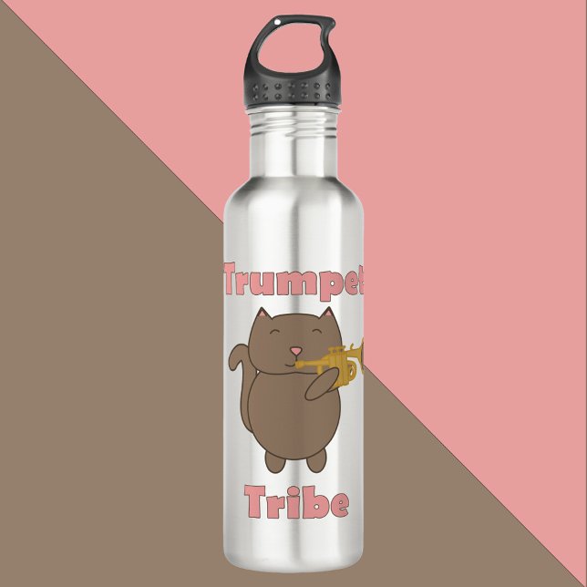 Trumpet Tribe Cute Cartoon Cat Musical Animal 710 Ml Water Bottle (A water bottle with a cute brown cat playing the trumpet with the words trumpet tribe in pink.)