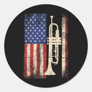 Trumpet Usa American Flag Shirt Jazz Music Vintage Classic Round Sticker