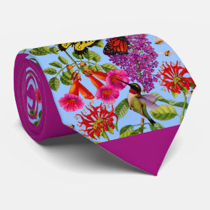 trumpet vine, butterfly bush, hummingbird print tie