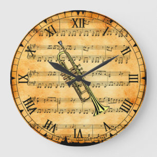 Trumpet ~ Vintage Sheet Music Background ~ Unique Large Clock