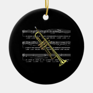 Trumpet with Sheet Music and Black Background Ceramic Tree Decoration