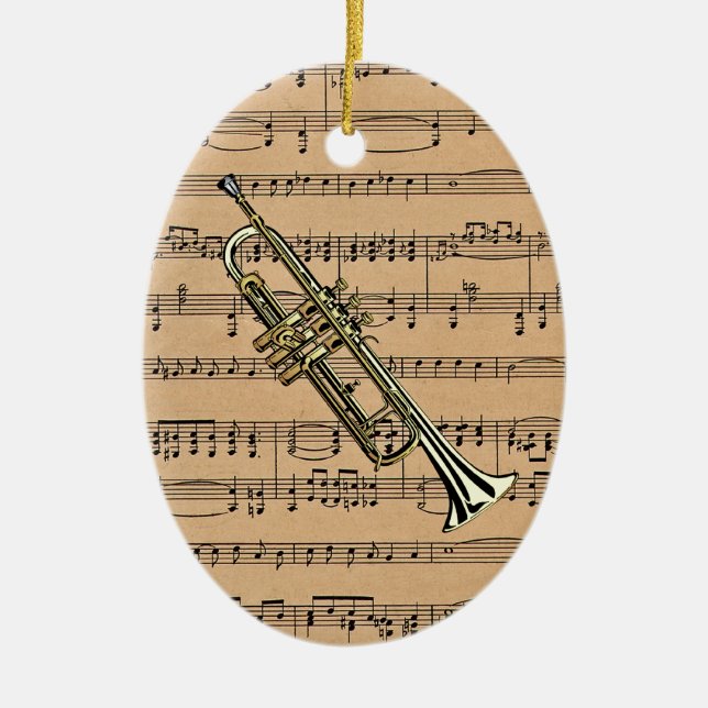 Trumpet With Sheet Music Background Ceramic Tree Decoration (Front)
