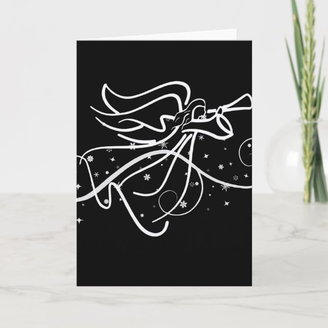 Trumpeting Angel Black and White Christmas Holiday Card (Front)