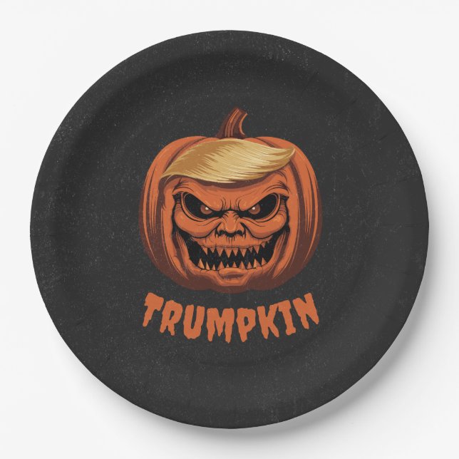 Trumpkin - Grinning Donald Trump Halloween Pumpkin Paper Plate (Front)