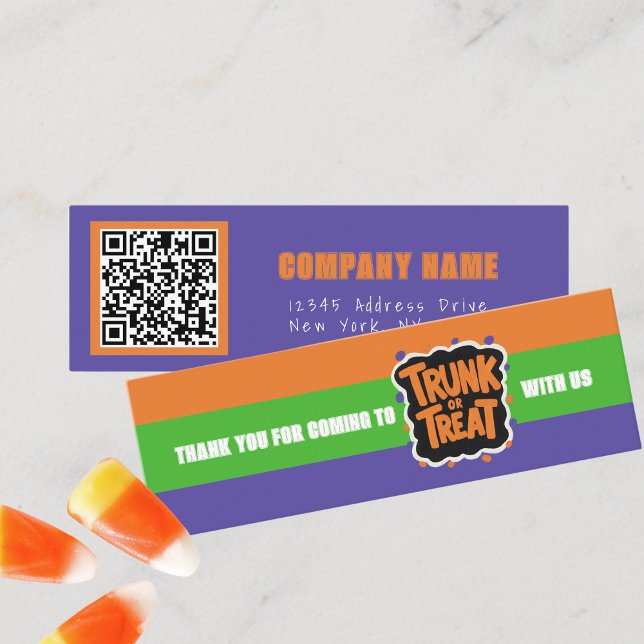 Trunk or Treat Colourful Halloween Thank You Mini Business Card (3 Toned Mini Halloween Business QR Thank You Cards for Trick or Trunk or Treating. Pack of 100)