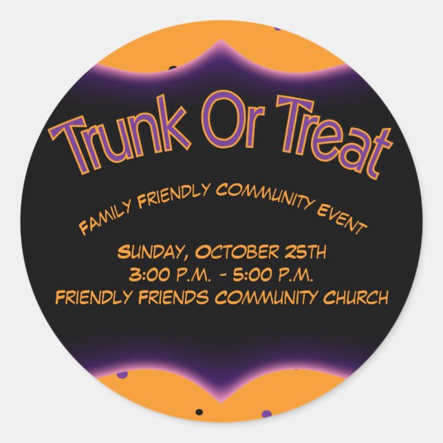 Trunk or Treat Community Church Family Friendly Classic Round Sticker (Front)