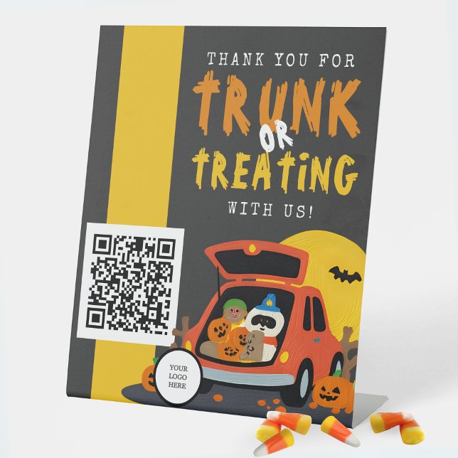 Trunk or Treat Ghoulish Pumpkin Business Thank You Pedestal Sign (Halloween Trunk or Treat Standing Business QR Code Display Sign in Grey, Orange, Yellow)