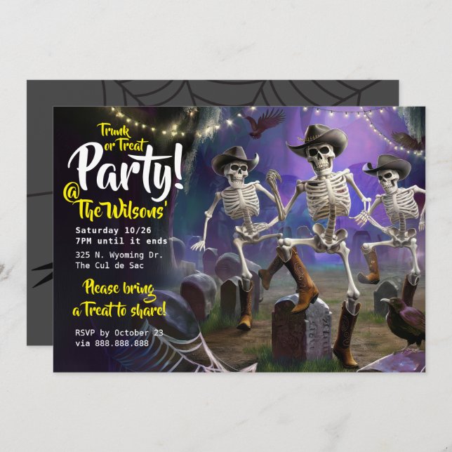 Trunk or Treat Halloween Dance Party, Skeletons Invitation (Front/Back)