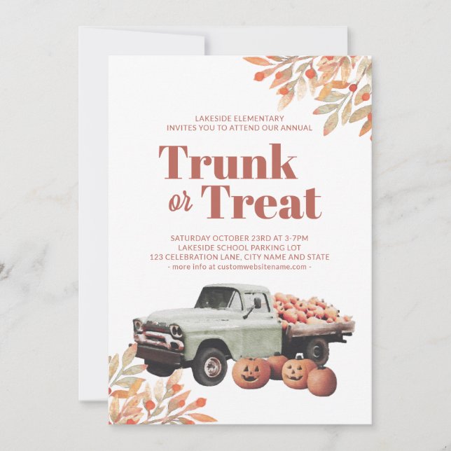 Trunk or Treat Halloween Watercolor Pumpkin Truck Invitation (Front)