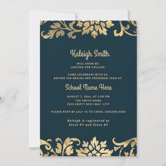 Trunk Party Navy Blue Vintage Gold Graduation Invitation (Front)
