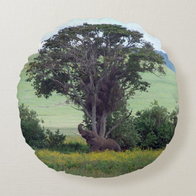 Trunk to the Breeze – Ngorongoro African Elephant Round Cushion (Front)
